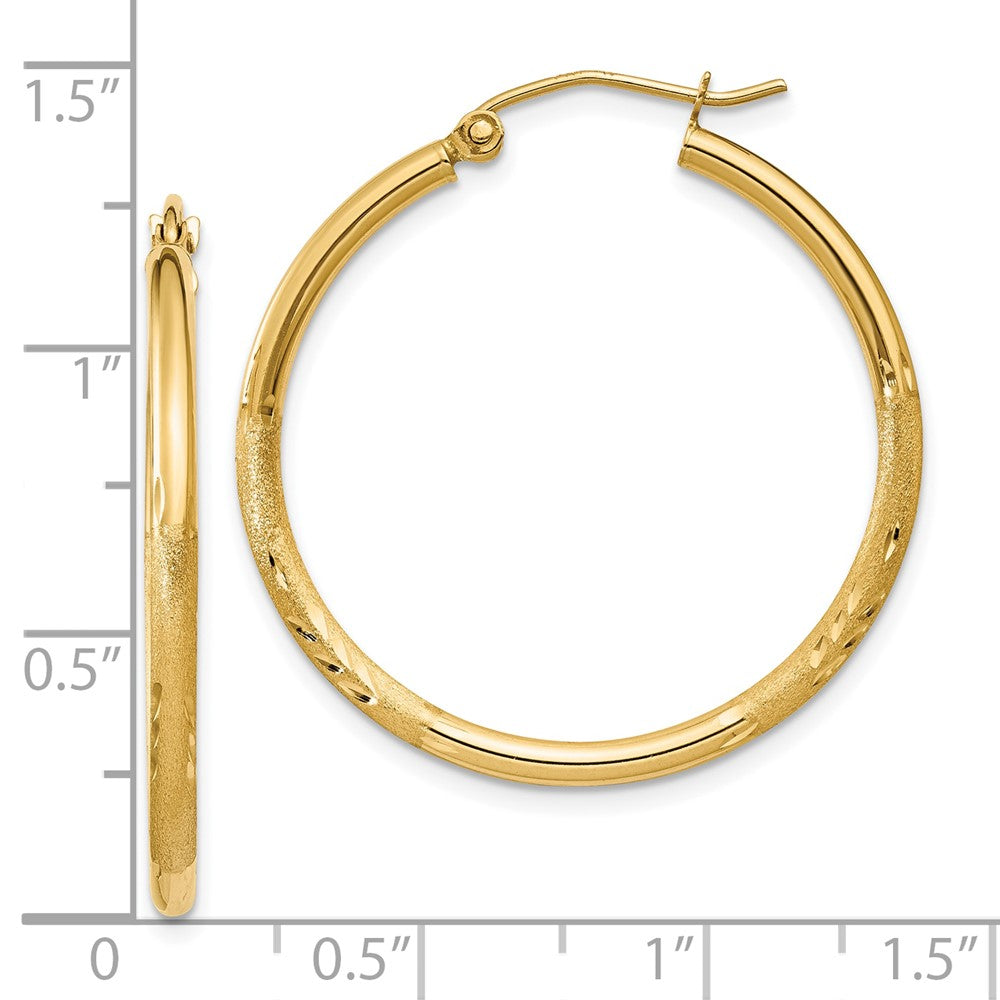 10k Satin and Diamond-cut 2mm Round Tube Hoop Earrings