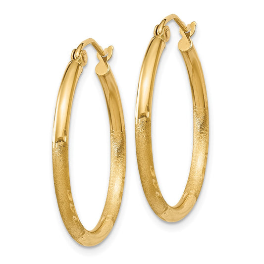 10k Satin and Diamond-cut 2mm Round Tube Hoop Earrings