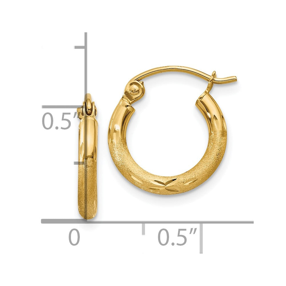 10k Satin and Diamond-cut 2mm Round Tube Hoop Earrings