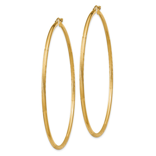 10k Satin and Diamond-cut 2mm Round Tube Hoop Earrings