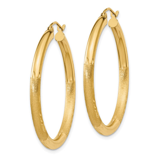 10k Satin & Diamond-cut 3mm Round Hoop Earrings