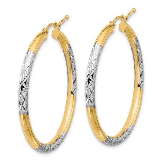 10K & Rhodium Diamond Cut 3mm Hoop Earrings
