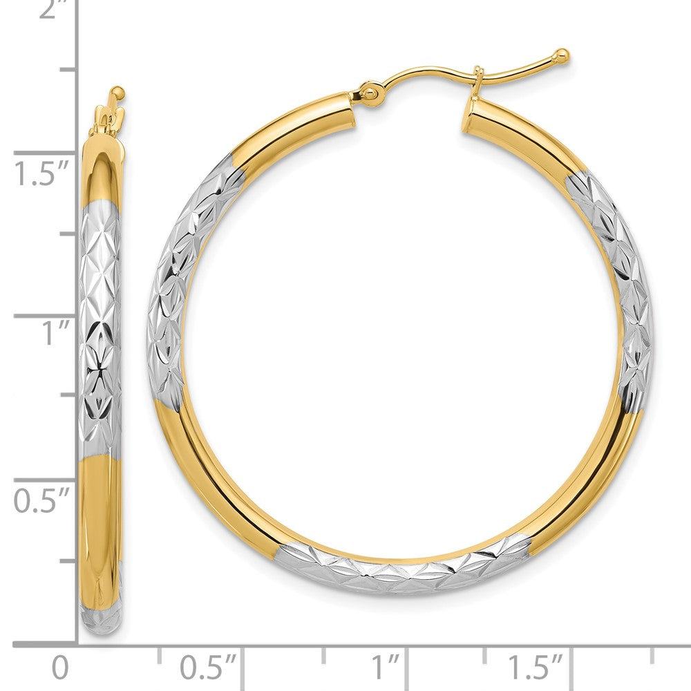 10K & Rhodium Diamond Cut 3mm Hoop Earrings