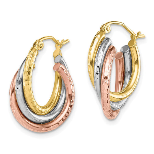 10k Tri-color Diamond-cut Round Triple Hoop Earrings
