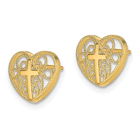 10k 10mm Filigree Heart with Cross Post Earrings