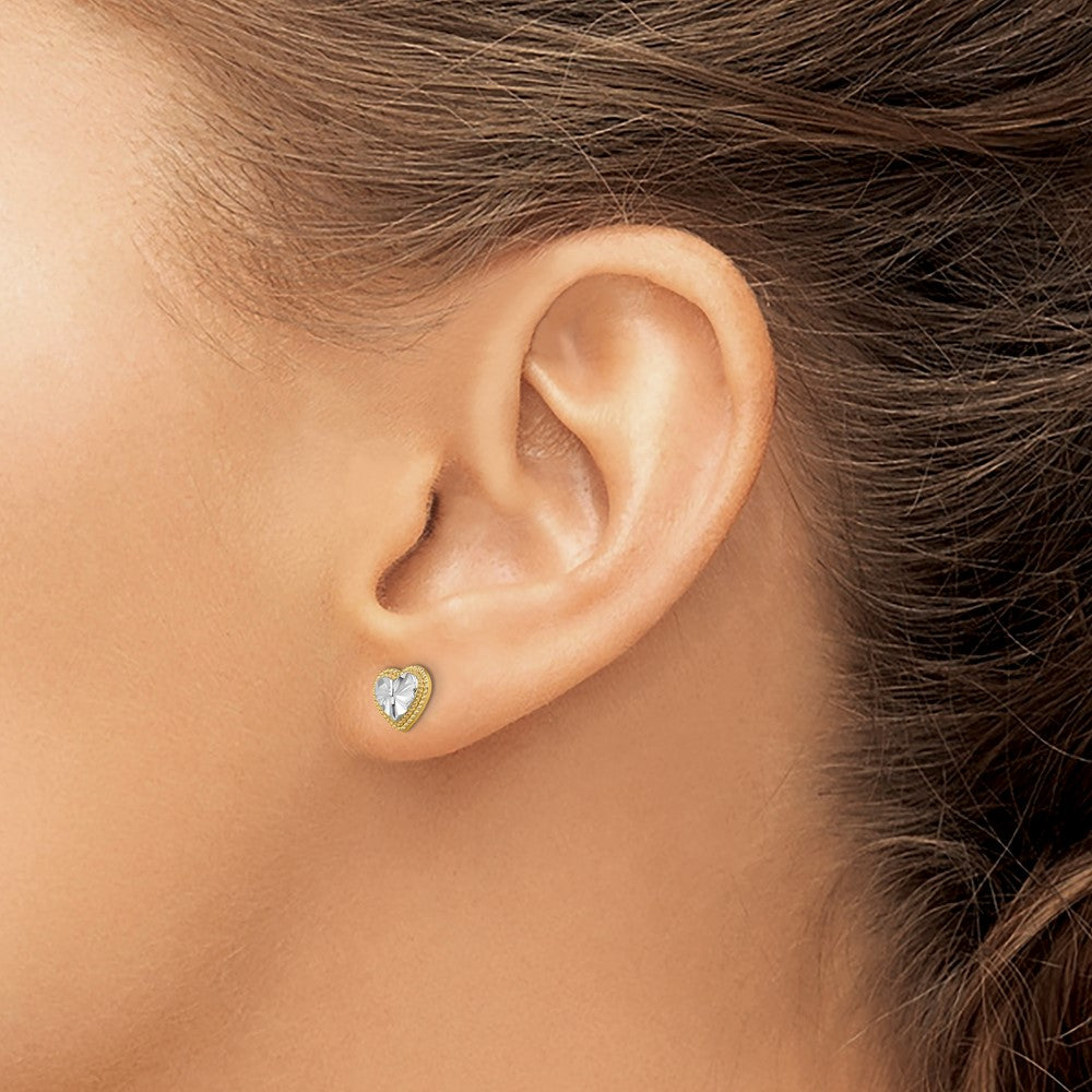 10K and White Rhodium Diamond-cut 6mm Heart Post Earrings