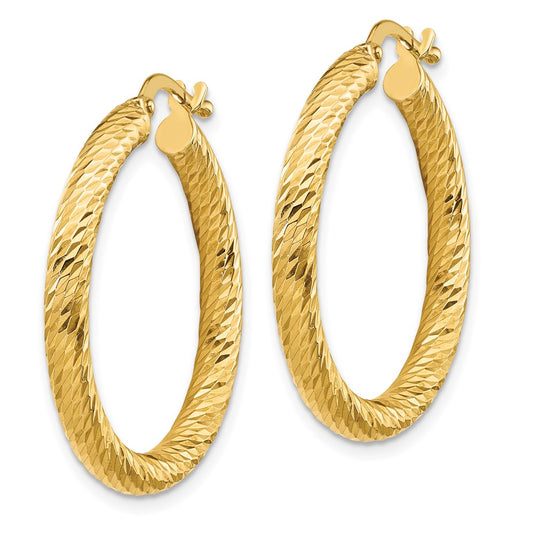 10k 3x20 Diamond-cut Round Hoop Earrings