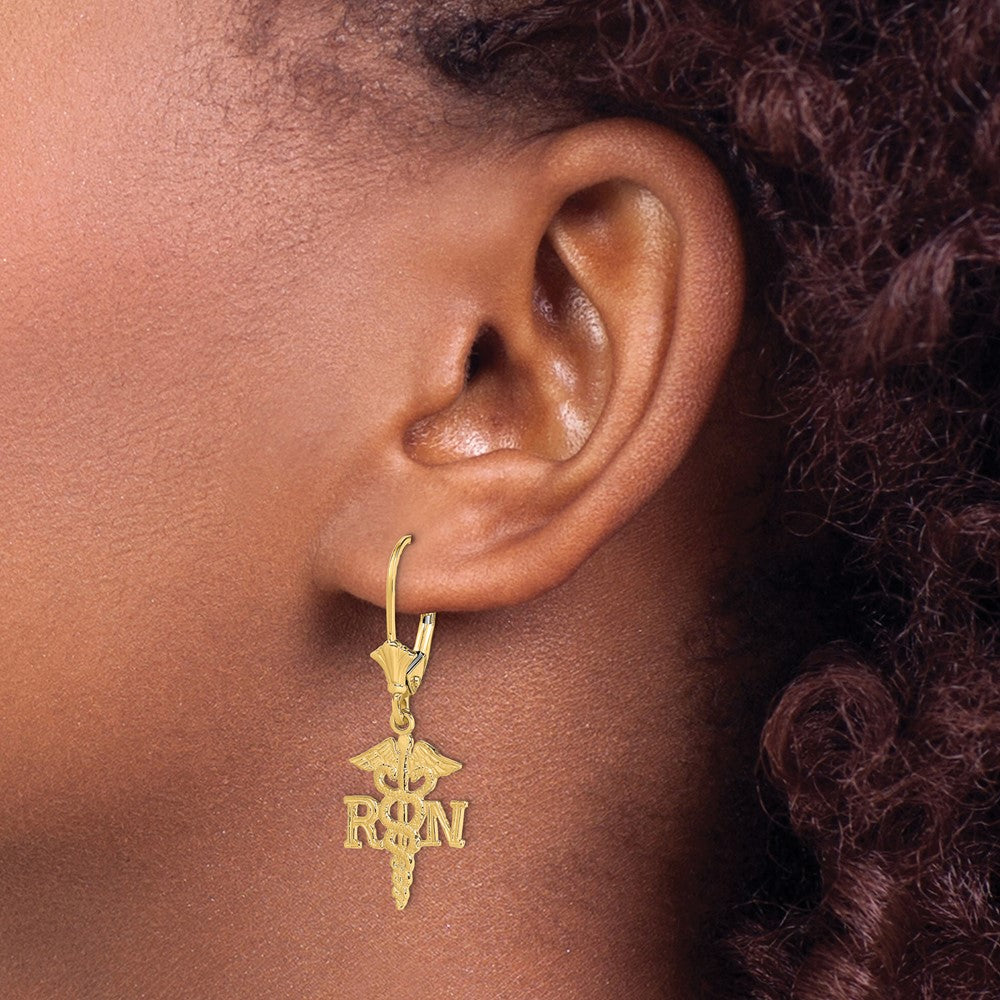 10K RN Caduceus Dangle Leverback Earrings