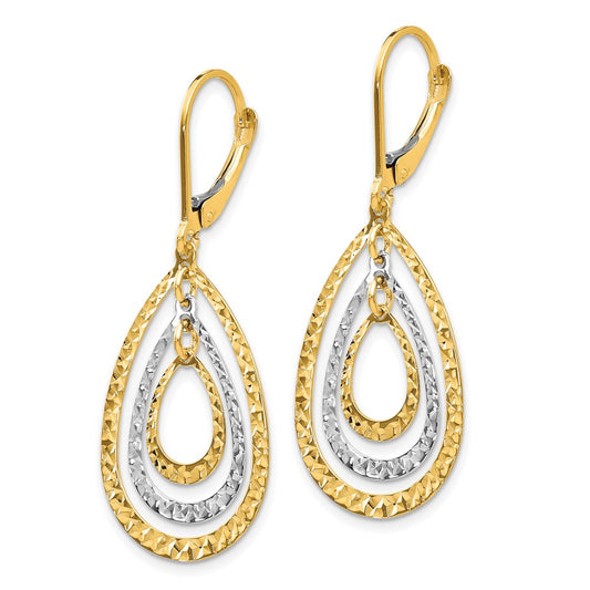 10k Two-tone Diamond-cut Teardrop Dangle Leverback Earrings