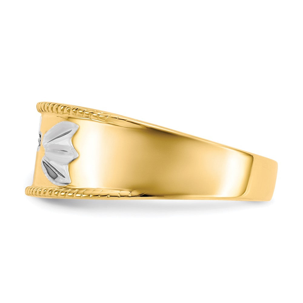 10k & Rhodium .01ct. Diamond Trio Men's Cross Wedding Band