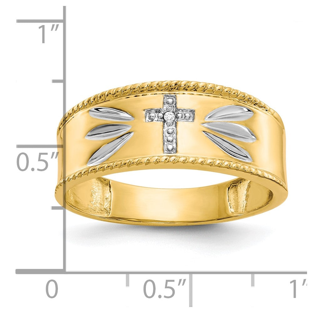 10k & Rhodium .01ct. Diamond Trio Men's Cross Wedding Band