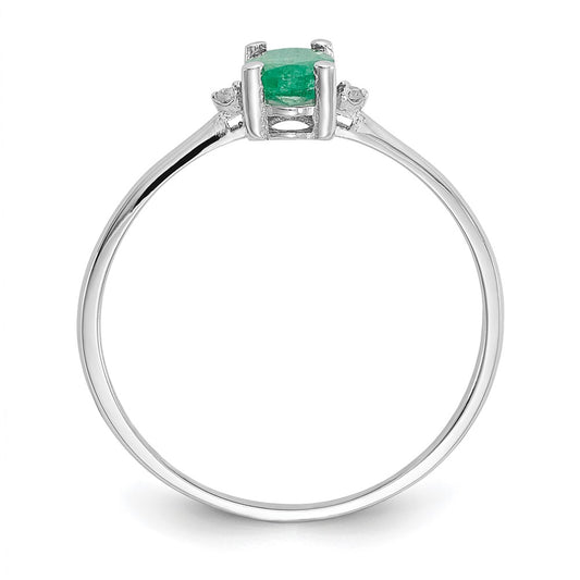 10k White Gold Polished 6x4mm Oval Genuine May/ Emerald and Diamond Birthstone Size 7 Ring