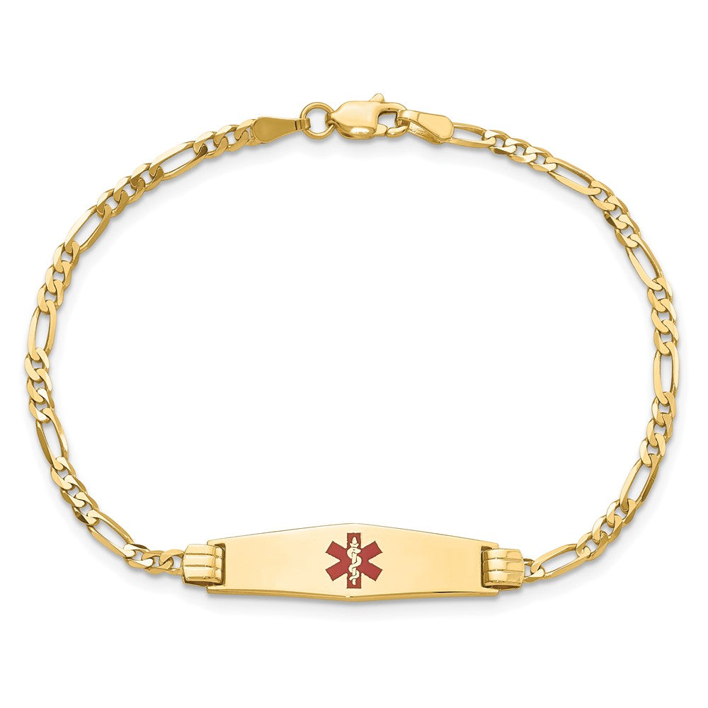 10k Medical Solid Chain/Solid Plate 24x7mm Soft Diamond Shape Centered Red Enamel Figaro Link 8 inch ID Bracelet