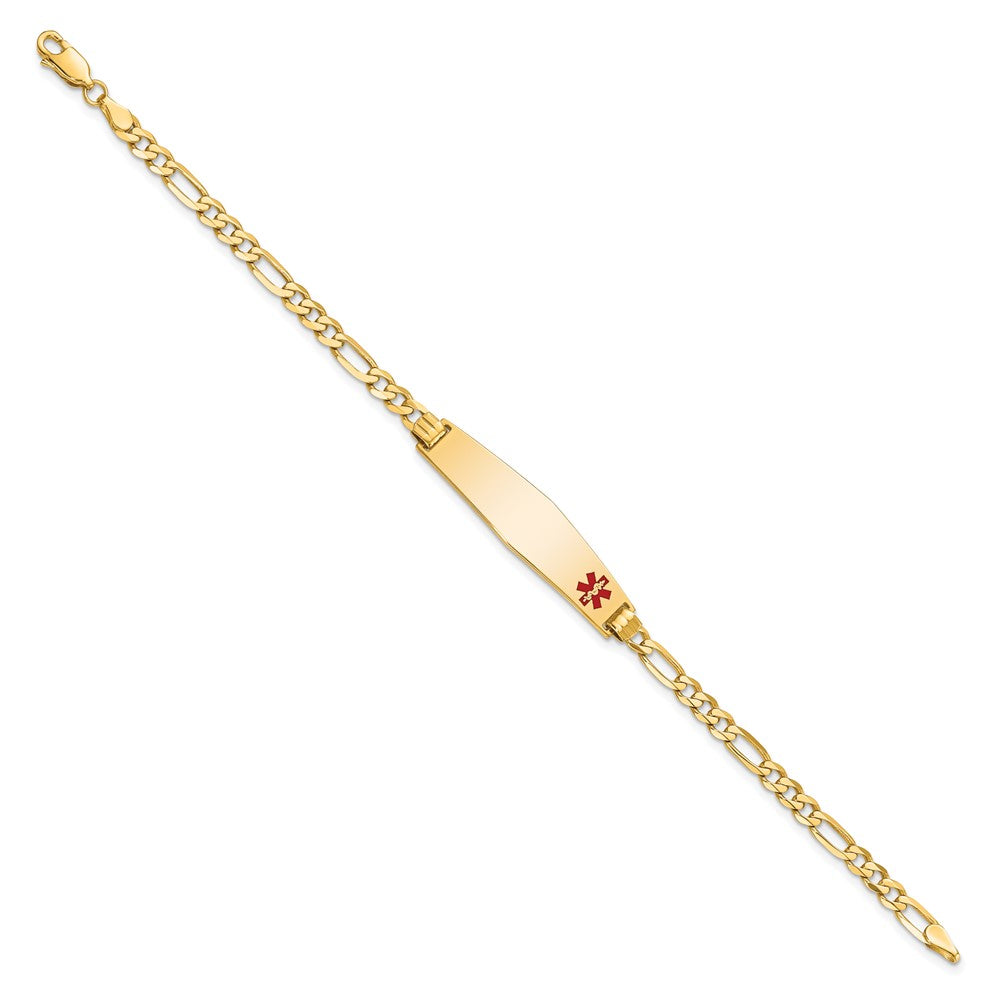 10k Medical Solid Chain/Solid Plate Soft Diamond Shape 33x8mm Off-Center Red Enamel Flat Figaro Link 7 inch ID Bracelet