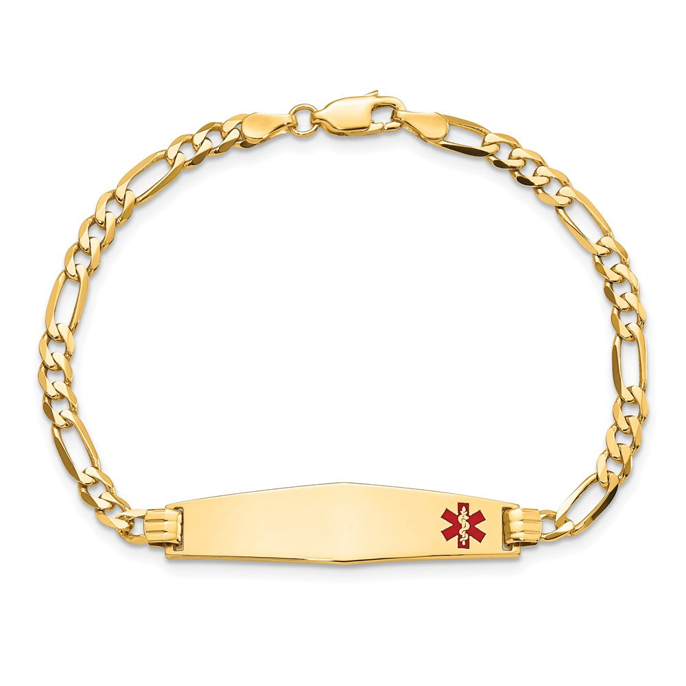 10K Medical Soft Diamond Shape Red Enamel Flat Figaro Link ID Bracelet