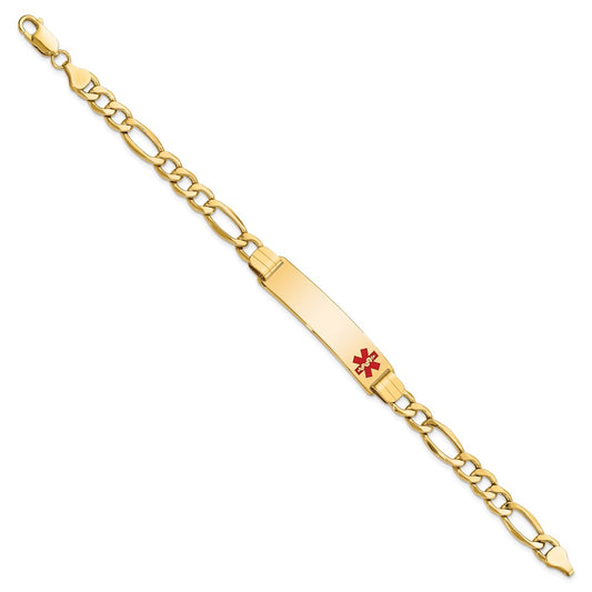 10k Medical Semi-solid Chain/Solid Plate 40x10mm Off-Center Red Enamel Figaro Link 8 inch ID Bracelet