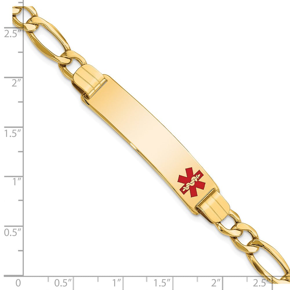 10k Medical Semi-solid Chain/Solid Plate 40x10mm Off-Center Red Enamel Figaro Link 8 inch ID Bracelet