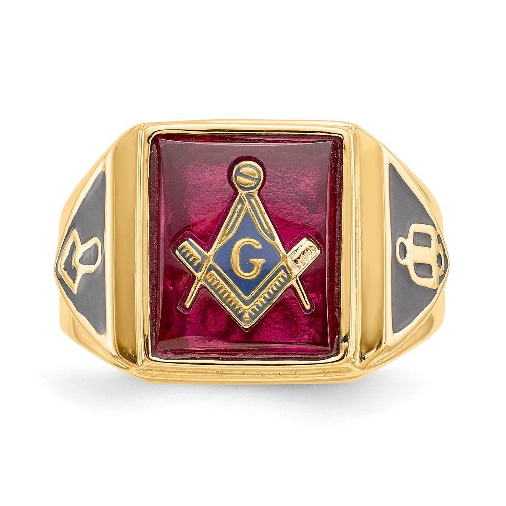 10k Men's Polished and Textured with Black Enamel and Lab Created Ruby Masonic Ring