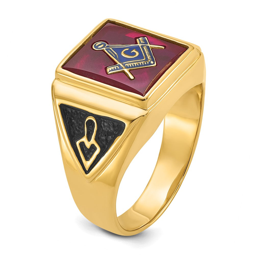 10k Men's Polished and Textured with Black Enamel and Lab Created Ruby Masonic Ring