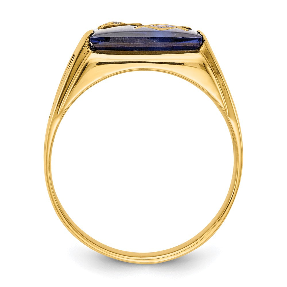 10k Men's Polished and Textured with Black Enamel, Imitation Blue Spinel and AA Quality Diamond Masonic Ring