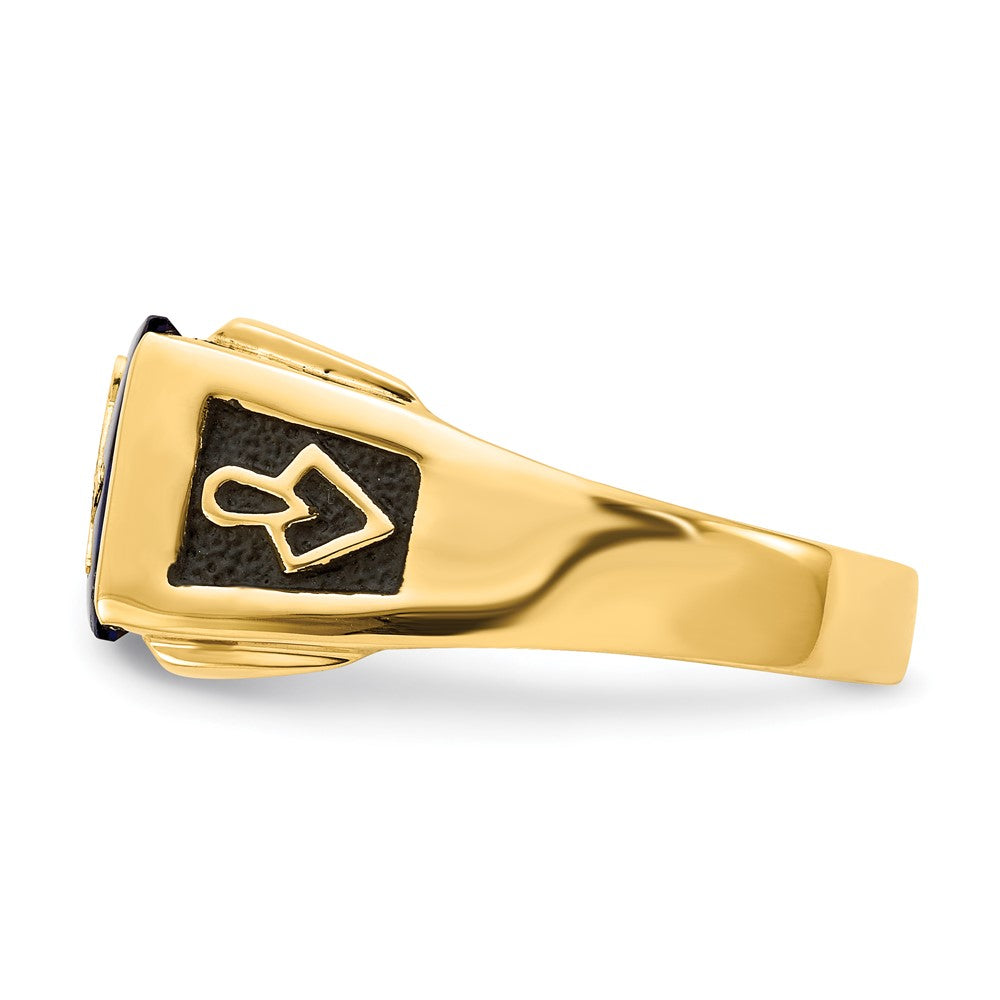 10k Men's Polished and Textured with Black Enamel, Imitation Blue Spinel and AA Quality Diamond Masonic Ring