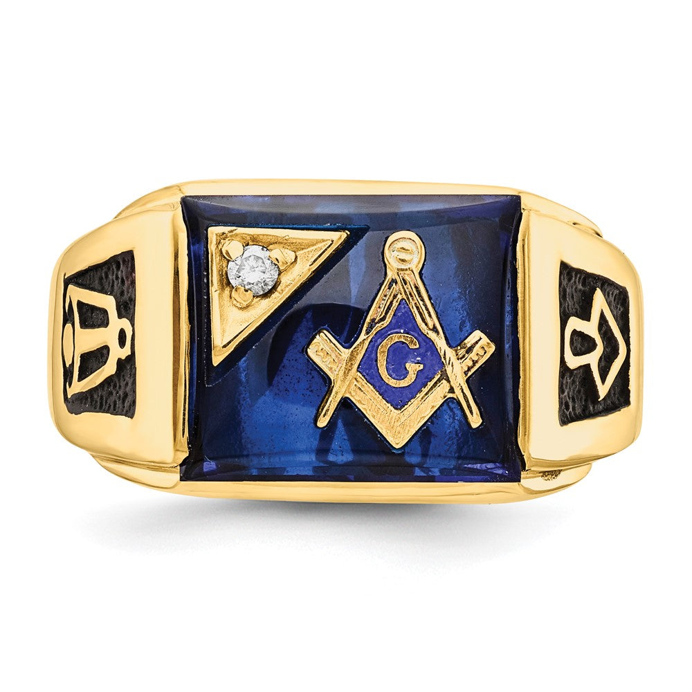 10k Men's Polished and Textured with Black Enamel, Imitation Blue Spinel and AA Quality Diamond Masonic Ring