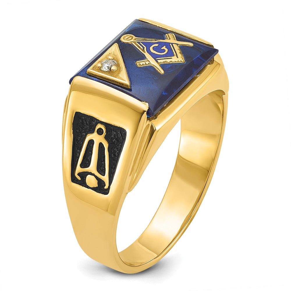 10k Men's Polished and Textured with Black Enamel, Imitation Blue Spinel and AA Quality Diamond Masonic Ring
