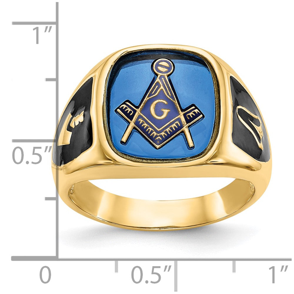 10k Men's Polished, Antiqued and Textured with Imitation Blue Spinel Masonic Ring