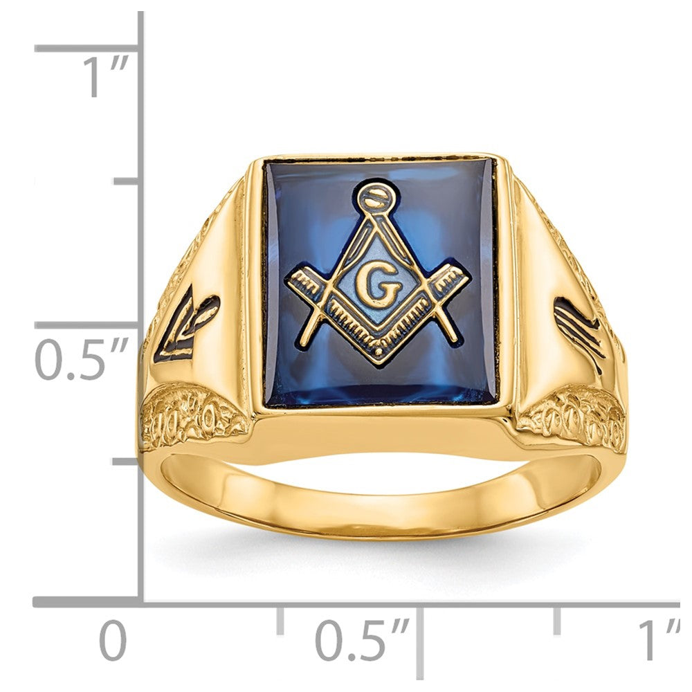10k Men's Polished, Antiqued and Textured with Imitation Blue Spinel Masonic Ring