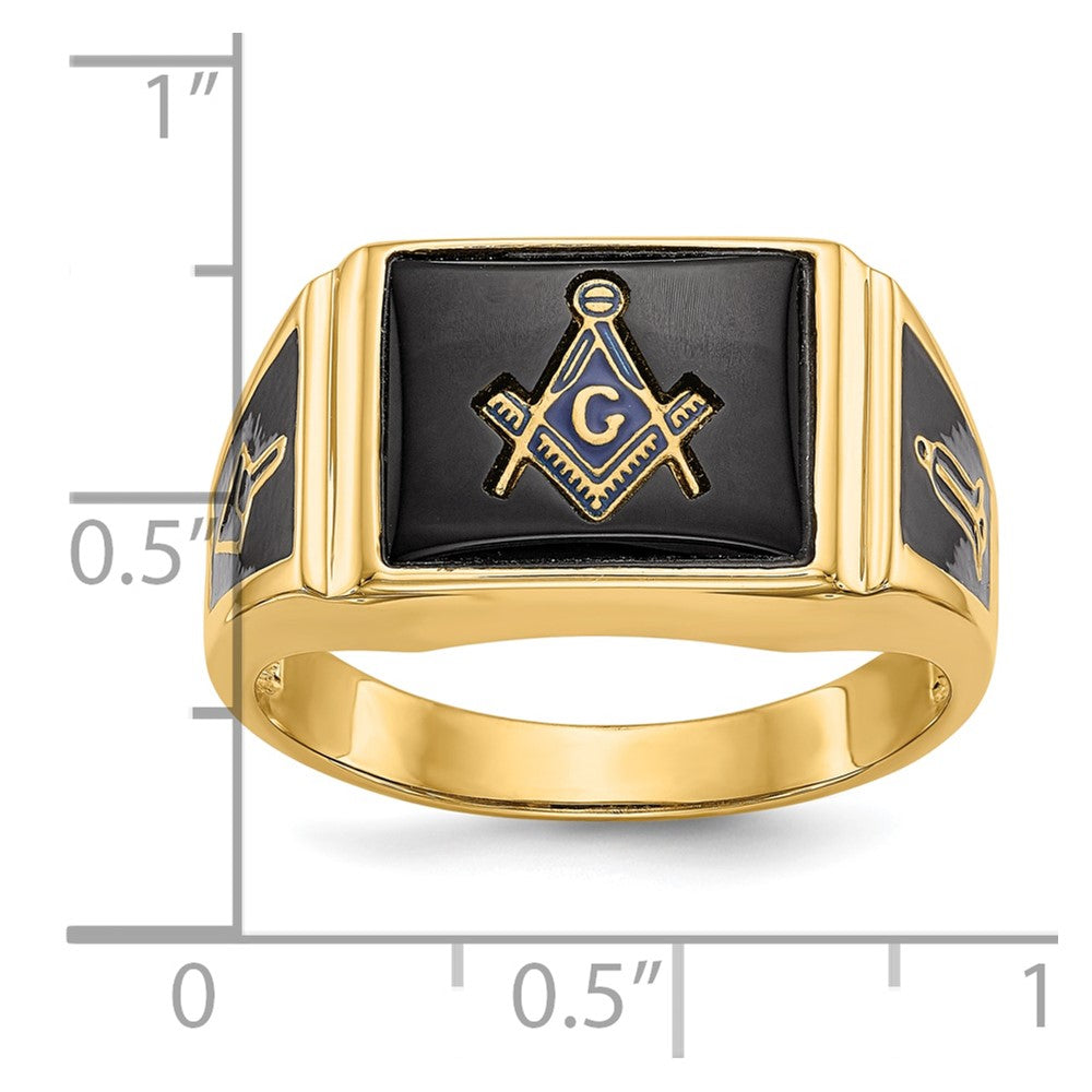 10k Men's Polished and Textured with Black Enamel and Onyx Masonic Ring