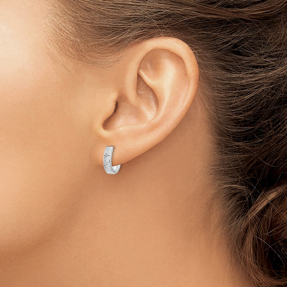 10k White Gold Textured and Polished Hinged Hoop Earrings