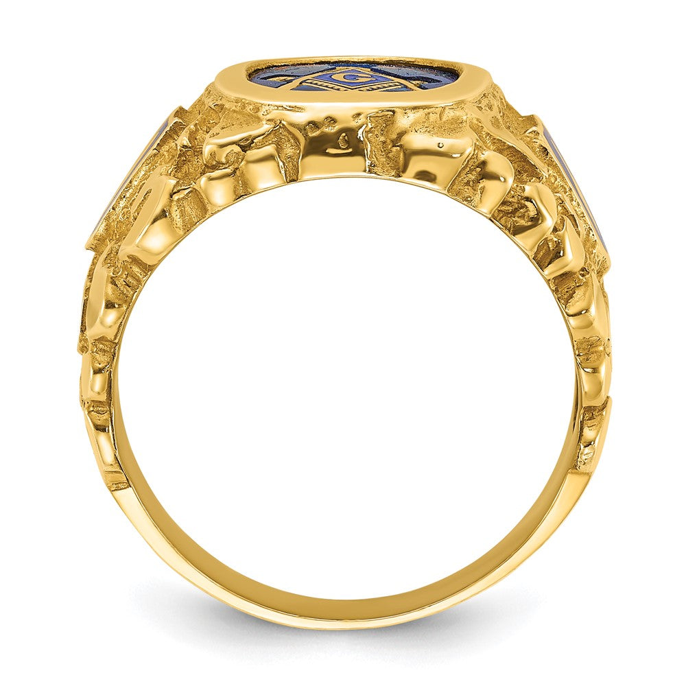 IBGoodman 10k Men's Polished and Nugget Textured with Blue Enamel and Lab Created Sapphire Blue Lodge Master Masonic Ring