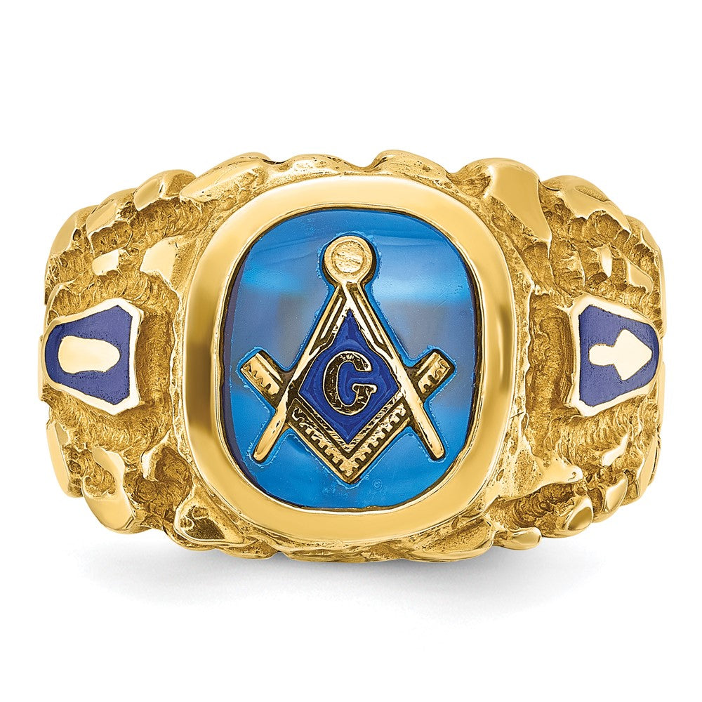 IBGoodman 10k Men's Polished and Nugget Textured with Blue Enamel and Lab Created Sapphire Blue Lodge Master Masonic Ring