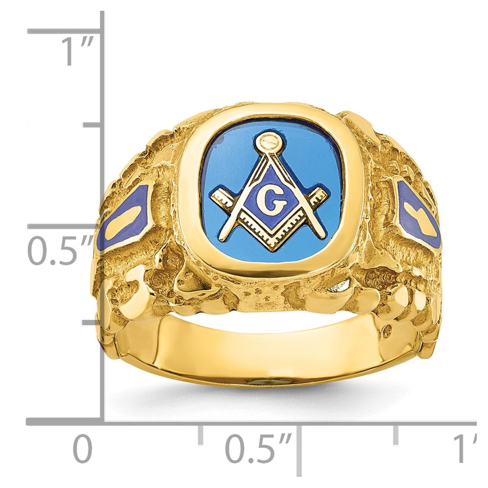 IBGoodman 10k Men's Polished and Nugget Textured with Blue Enamel and Lab Created Sapphire Blue Lodge Master Masonic Ring
