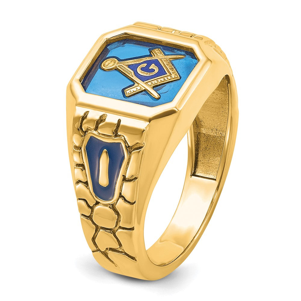 IBGoodman 10k Men's Polished and Textured with Blue Enamel and Lab Created Sapphire Blue Lodge Master Masonic Ring