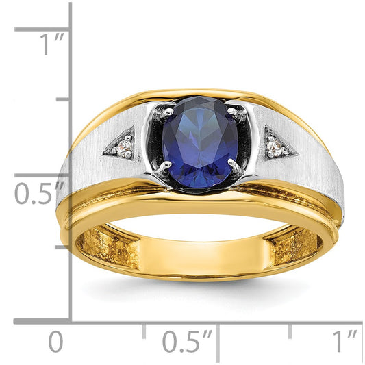 IB Goodman 10k Two-tone Mens Polished Satin and Grooved 8x6mm Oval Lab Created Sapphire and A Quality Diamond Ring