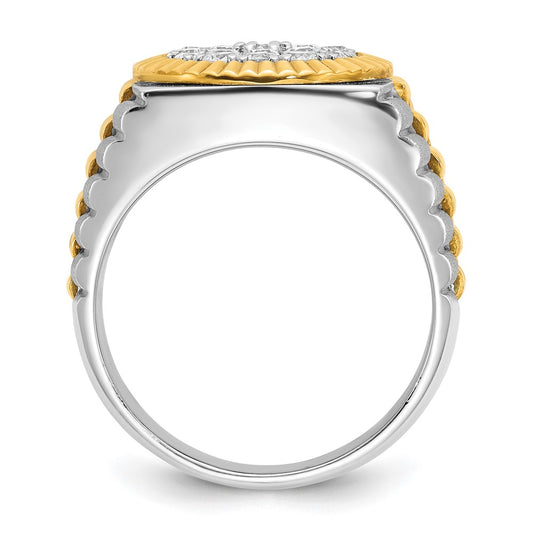 IBGoodman 14k Two-tone Men's Polished Satin and Ribbed 1 1/8 Carat A Quality Diamond Round Cluster Ring