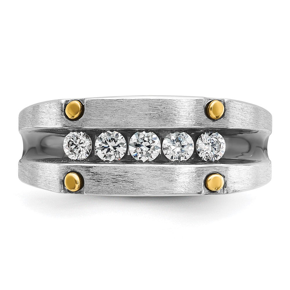 IBGoodman 14k Two-tone with Black Rhodium 1/2 carat Lab Grown Diamond VS/SI+ G+ Five Stone Complete Polished Satin and Grooved Men's Ring