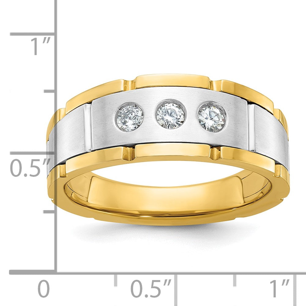 IBGoodman 14k Two-tone Men's Polished Satin and Grooved 3-Stone 1/4 Carat AA Quality Diamond Ring