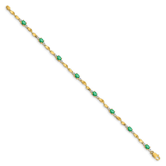 10k Diamond and Oval Emerald Twisted Link 7 inch Bracelet