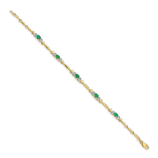 10k Diamond and Oval Emerald Heart Link 7 inch Bracelet