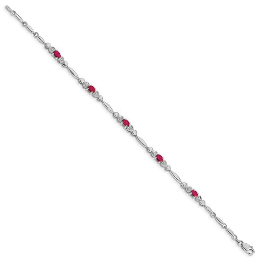 10k White Gold Diamond and Oval Ruby Heart Link 7 inch Bracelet