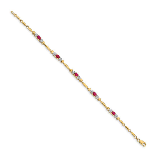 10k Diamond and Oval Ruby Heart Link 7 inch Bracelet