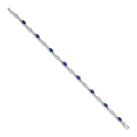 10k White Gold Diamond and Oval Sapphire Fancy Link 7.25 inch Bracelet