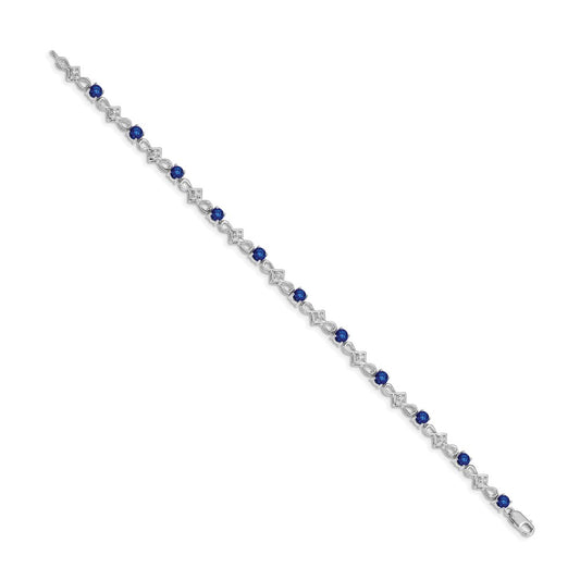 10k White Gold 1/10 carat Diamond and Round Sapphire Fancy Link 7 inch Bracelet