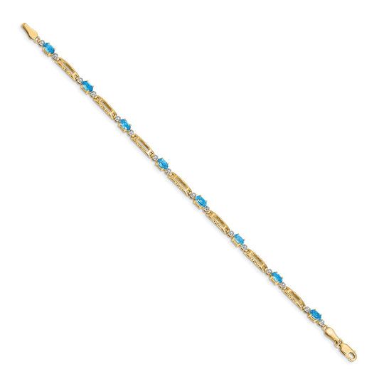 10k Diamond and Oval Blue Topaz Rectangle Link 7 inch Bracelet