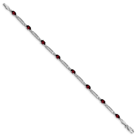 10k White Gold Diamond and Oval Garnet Rectangle Link 7 inch Bracelet
