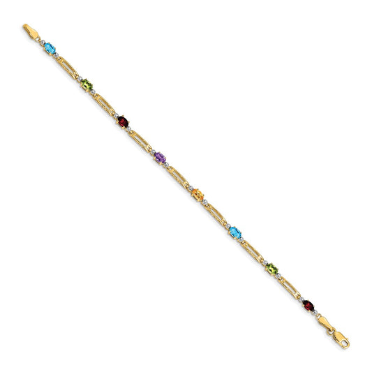 10k Diamond and Oval Rainbow Gemstone Rectangle Link 7 inch Bracelet