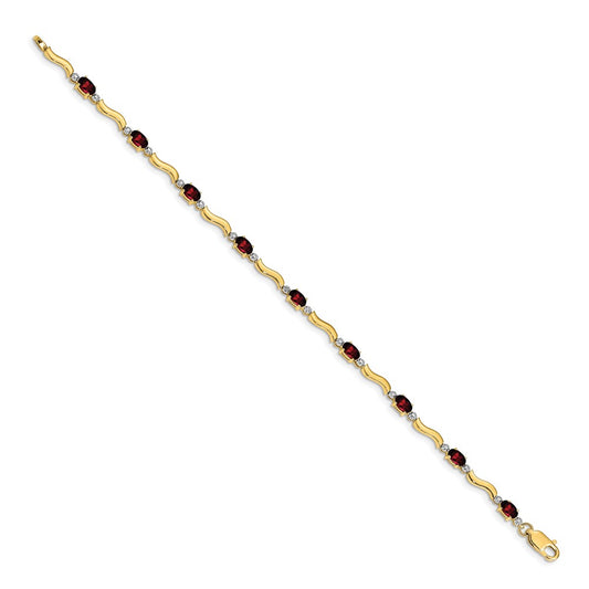 10k Diamond and Oval Garnet Wavy Link 7 inch Bracelet