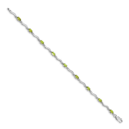 10k White Gold Diamond and Oval Peridot Wavy Link 7 inch Bracelet
